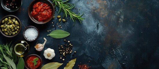 Sticker - Top view of ingredients for cooking harissa, soy sauce, olive oil, capers, salt, rosemary, garlic, sage, bay leaf, pepper with copy space image.