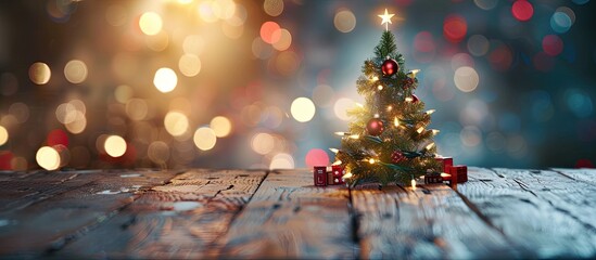 Canvas Print - Create a Christmas tree on a table with festive toys, lights, and an empty space for greeting cards in a selective focus copy space image.