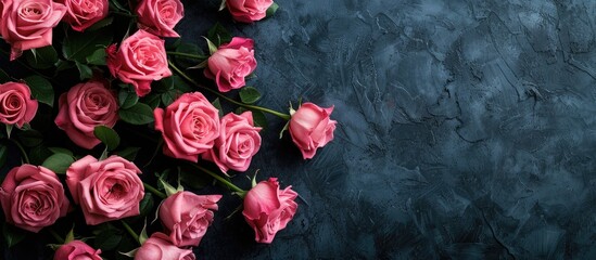 Sticker - Top view of a stunning arrangement of pink roses against a dark backdrop with plenty of space for additional content in the image.
