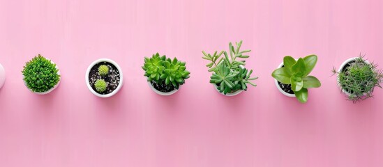 Canvas Print - Aerial perspective of small green plants in white pots against a pink backdrop with available copy space image.