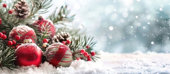 Poster - Ornaments adorning a snowy background with copy space image.