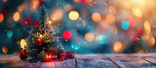 Poster - Create a Christmas tree on a table with festive toys, lights, and an empty space for greeting cards in a selective focus copy space image.