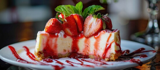 Canvas Print - Selective focus on a cheesecake adorned with fresh strawberries, whipped cream, and strawberry sauce, creating a captivating copy space image.