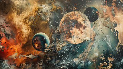 Wall Mural - A painting of three planets and a large circle with a compass in the middle
