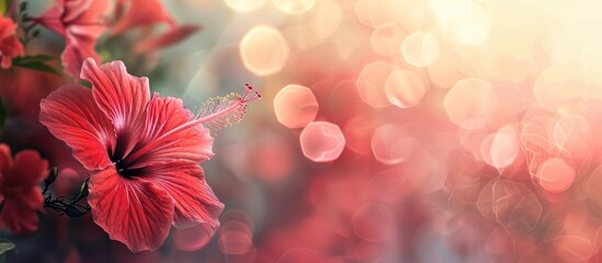 Wall Mural - Hibiscus flower in vivid red shades blooming against a softly blurred bokeh background, creating a stunning copy space image.