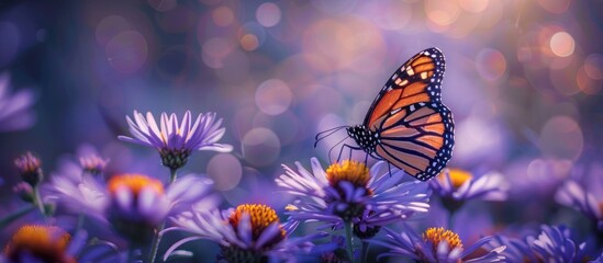 Sticker - Monarch butterfly perched on purple wildflowers with bokeh background,  beautiful nature imagery.