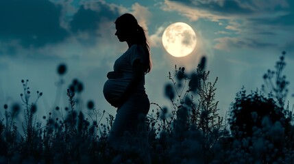 Silhouette of a pregnant woman in the evening against the backdrop of the moon