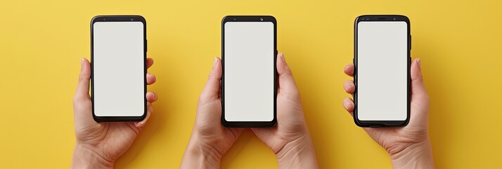 Three people are holding cell phones with screens that are blank