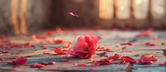 A Eugenia malaccensis Linn pink flower falling onto the floor in a copy space image.