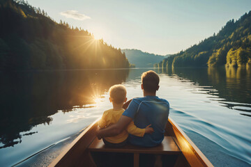 Wall Mural - Father and son are enjoying the peace and quiet of a lake at sunset, surrounded by stunning scenery