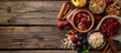 © StockKing - A nourishing vegan breakfast featuring oatmeal, fruits, dried berries, and cinnamon sticks arranged on a rustic wooden backdrop with a vintage linen napkin, allowing room for additional elements in