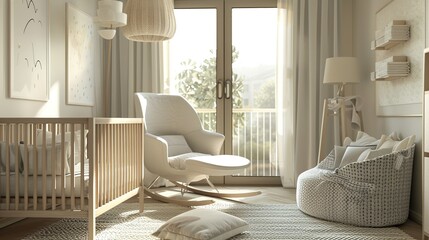 Wall Mural - Nursery room with a white chair, crib and a window. The room is decorated in a minimalist style with a lot of white and wood elements