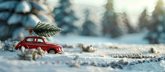 Wall Mural - A toy car carrying a Christmas tree amidst a snowy landscape in a copy space image.