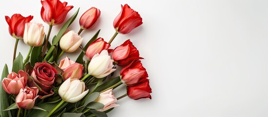 Wall Mural - A bouquet featuring tulips and roses, set against a white background with copy space image.