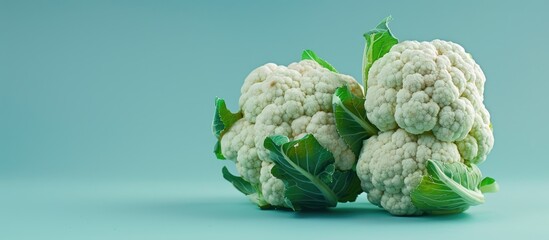 Wall Mural - A pair of white cauliflowers closely photographed against a light blue backdrop, featuring a vegetable-themed pastel background with room for text or images. image with copy space