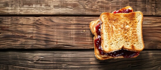 A peanut butter and jelly sandwich presented on a wooden backdrop with ample copy space image.