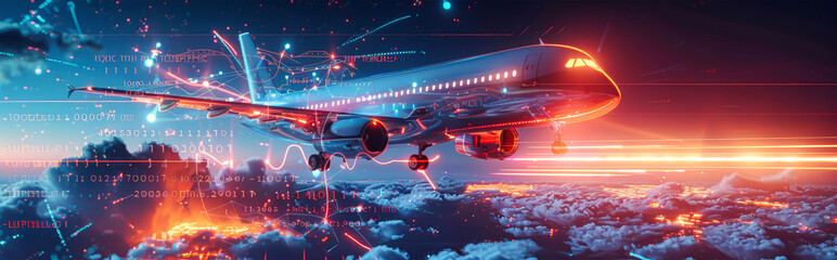 A sleek, futuristic plane flies through a sky illuminated by digital data streams and neon lights, leaving a trail of light behind it