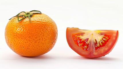 Wall Mural - Close-up of a whole orange and a tomato slice, beautifully isolated on a white background