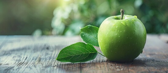 Wall Mural - A ripe and delicious green apple is a nutritious and fresh option for vegetarians, vegans, and anyone focused on health and organic nutrition, shown in a copy space image.