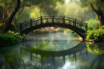 Wall Mural - A charming bridge spanning a reflective pond, with a softly blurred background of a tranquil park