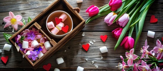 Wall Mural - A wooden box filled with pink and red heart decorations, a cup of tea with marshmallows, and a colorful bouquet of hyacinths and tulips against a copy space image.