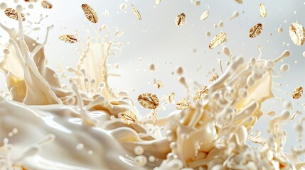 Wall Mural - Close-up of oat flakes falling into a milk splash, creating a vibrant image on white