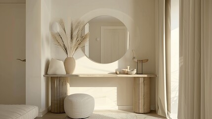 Wall Mural - White room with a mirror on the wall. The room is decorated with vases and baskets