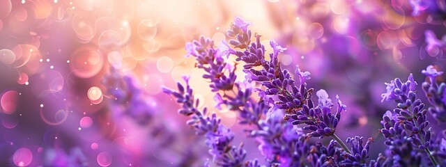 Wall Mural - Close-up of a bright purple lavender bush with a soft, blurred bright sun in the background