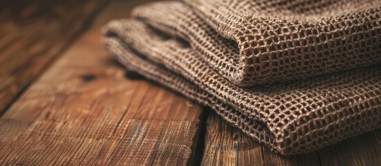 Aufkleber - Brown kitchen towels on a wooden table, focusing on the cotton waffle fabric texture. It serves as a textile background or wallpaper in a close-up shot, offering ample copy space.