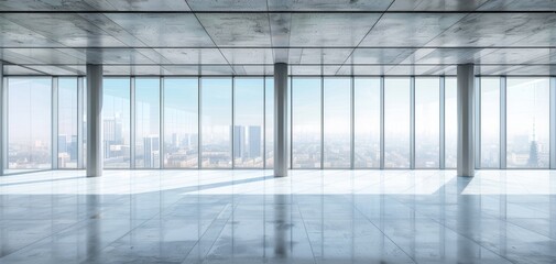  Modern, empty office space with floor-to-ceiling windows offering a panoramic city view. Minimalistic and bright interior design.