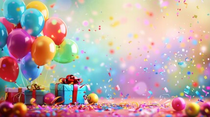 Poster - Brightly colored balloons, confetti, and presents set against a colorful background. Perfect for a cheerful birthday party scene. Generative AI