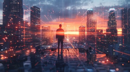 Silhouette of a Man in a Cityscape of Lights and Data