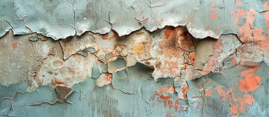 Fototapete - Exterior paint on wall damaged by long-term rain exposure resulting in aneurysm and peeling; suitable as a copy space image.
