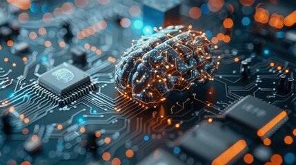 Artificial intelligence (AI) concept with human brain on a circuit board.  3D illustration of brain and neural networks.