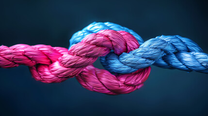 Wall Mural - A close-up shot of a red and blue rope intertwined, forming a knot, symbolizing the strength of unity