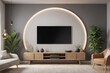© Introvertia - Modern living room interior with large TV mounted on wooden cabinet illuminated circular light fixture