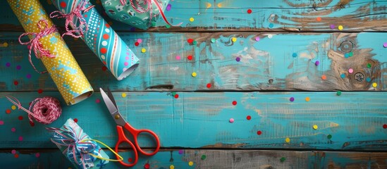 Wall Mural - Colorful wrapping papers and scissors displayed on a vintage wooden table with copy space image.