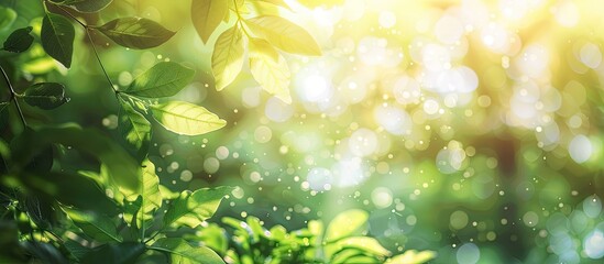 Close-up of light green leaves and sunlight in a park, creating a beautiful nature-themed bokeh effect with a blurred background for a web banner or header with copy space image.