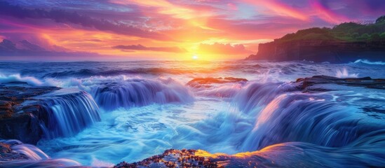 Cascading waterfalls of tidal waves wash up onto the rocks before flowing back into the ocean, while the sky above features a beautiful sunrise with a colorful backdrop. Include copy space image.