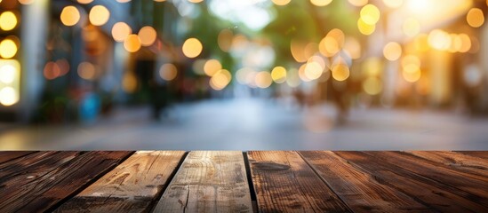 Poster - Blurred photos against a backdrop of wood with copy space image.