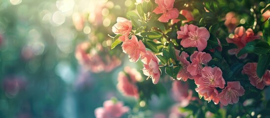 Aufkleber - Blooming japonica bushes with a beautiful background of a copy space image.