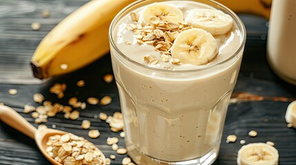 Smooth and creamy banana oat smoothie in a glass, topped with a sprinkle of oats and fresh banana slices