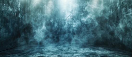 Poster - Empty dark room setting with smoke, rays, and glow on walls, perfect for a copy space image.