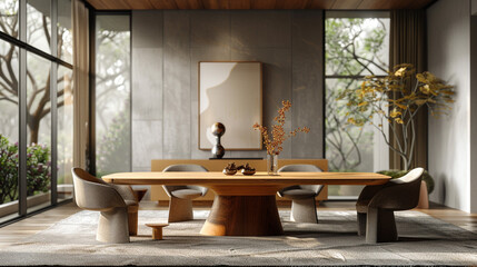 Wall Mural - A luxurious wooden dining table in a modern minimalist room.