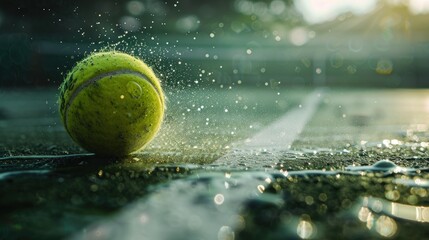 Wall Mural - Tennis Ball Splashing on Wet Court