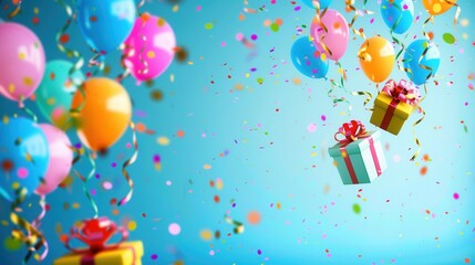 Poster - Colorful balloons, confetti, and presents float against a bright blue background, perfect for childrens party themes. Generative AI