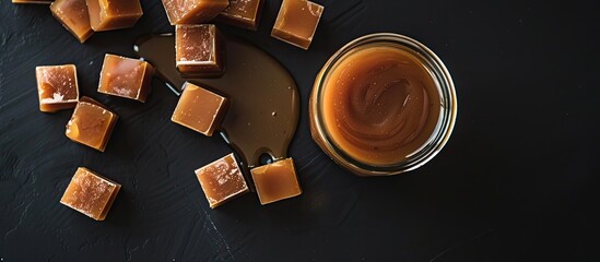 Caramel cubes and a glass jar of caramel sauce are displayed on a black background, seen from above, with room for additional images.