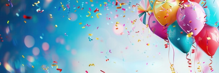 Poster - A vibrant image showcasing colorful balloons, confetti, and gifts, perfect for childrens birthday party celebrations. Generative AI