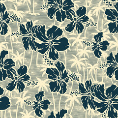 Wall Mural - hibiscus flowers with palm tree backgroud grunge vector floral seamless pattern for fabric shirt tow