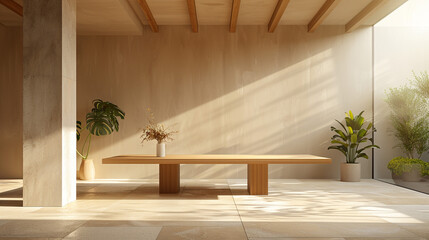 Wall Mural - A minimalist wooden dining table in a modern beige room.